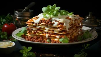 Freshly cooked homemade lasagna with tomato sauce and mozzarella cheese generated by AI photo