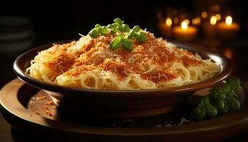 Homemade pasta meal, cooked to perfection, ready to eat gourmet delight generated by AI photo