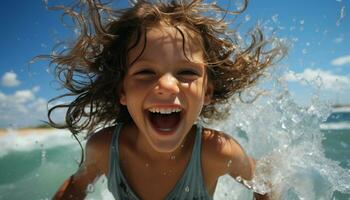 un despreocupado chica, sonriente, disfrutando verano vacaciones, salpicaduras en agua generado por ai foto