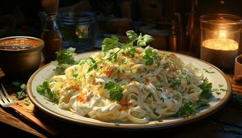 Freshness and gourmet meal on wooden table, close up of cooked meat and vegetable salad generated by AI photo