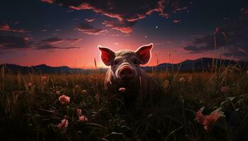 Cute piglet grazing on green meadow under the sunset sky generated by AI photo