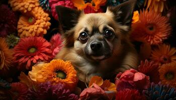 linda perrito sentado al aire libre, mirando a cámara, rodeado por flores generado por ai foto