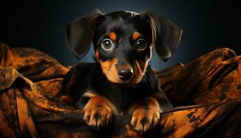 Cute puppy sitting, looking at camera, black dachshund in studio generated by AI photo