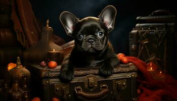 A cute French bulldog puppy sitting on an old suitcase generated by AI photo