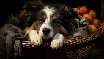 Cute puppy sitting in basket, looking at camera, outdoors generated by AI photo