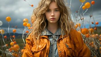 joven mujer en otoño, sonriente, mirando a cámara, casual Moda generado por ai foto