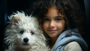 linda perrito sonriente, mirando a cámara, abrazando niño con amor generado por ai foto