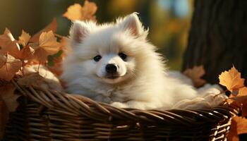 A small, cute Pomeranian puppy sitting in autumn grass generated by AI photo