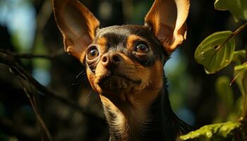 Cute puppy sitting outdoors, looking at camera in nature generated by AI photo