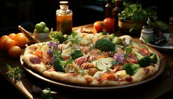 Fresh gourmet meal homemade vegetarian pizza on rustic wooden table generated by AI photo