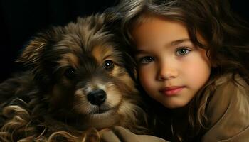 A cute small dog, a child, and purebred puppy smiling generated by AI photo