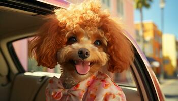 linda perrito sentado en auto, mirando a cámara, al aire libre generado por ai foto