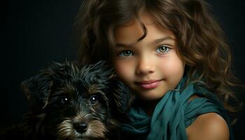 linda perro, pequeño niño, sonriente amistad, inocencia, de pura raza perrito generado por ai foto