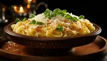 Freshly cooked pasta meal with parmesan cheese on wooden plate generated by AI photo