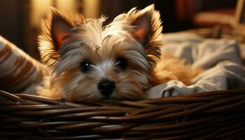 Cute puppy sitting outdoors, looking at camera with fluffy fur generated by AI photo