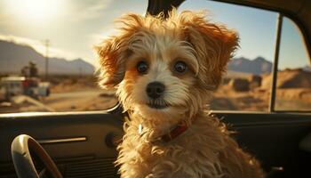 linda perrito sentado en auto, mirando a cámara, disfrutando aventuras generado por ai foto