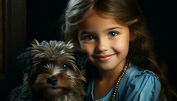 Smiling girl embraces small puppy, radiating love and happiness generated by AI photo