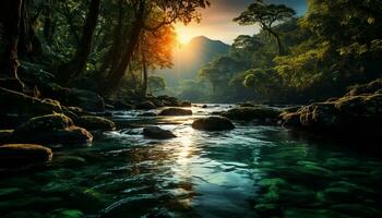 Tranquil scene mountain, tree, water, sunset, reflection, wilderness, grass generated by AI photo