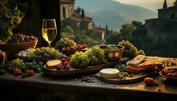 Freshness of grape, wine, food, fruit, wood on rustic table generated by AI photo