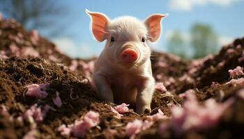 Cute piglet on a farm, surrounded by nature innocence generated by AI photo