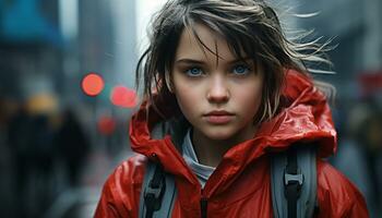 uno joven mujer en impermeable mirando a cámara, al aire libre generado por ai foto