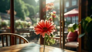 A fresh bouquet of multi colored gerbera daisies decorates the window generated by AI photo