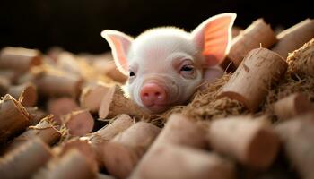 Cute piglet on farm, sleeping in mud, surrounded by nature generated by AI photo