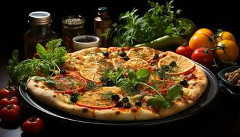 frescura y sabor en un de madera mesa hecho en casa italiano Pizza generado por ai foto