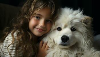 Cute child embraces smiling puppy, pure love and happiness generated by AI photo