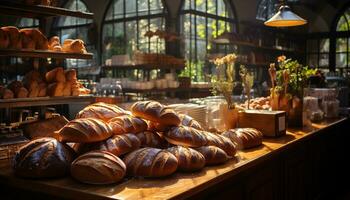 Freshly baked bread on rustic wooden shelf in gourmet store generated by AI photo