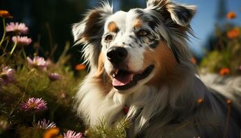 Cute puppy sitting on grass, looking at camera with loyalty generated by AI photo