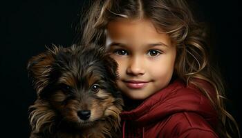 Cute dog portrait, small puppy looking at camera, smiling happily generated by AI photo