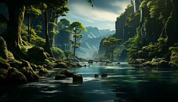 Tranquil scene, flowing water, mountain range, green color, rural scene generated by AI photo