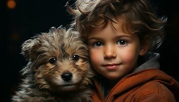 Cute dog and child, small pets, portrait of animal friendship generated by AI photo