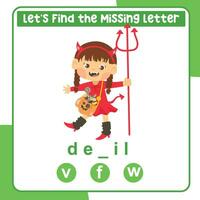 Missing letter worksheet. Complete the letters in English. Educational activity for children. vector
