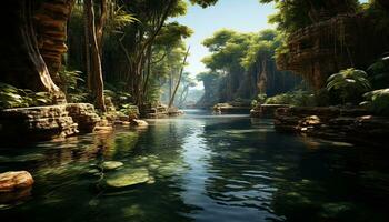 Tranquil scene of tropical rainforest, flowing water, and lush greenery generated by AI photo