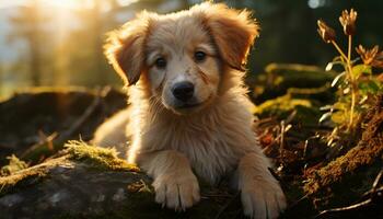 Cute puppy sitting in grass, looking at camera, enjoying nature generated by AI photo