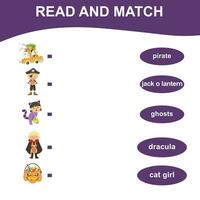 Read and match worksheet. Matching words with images using funny illustration. Printable activity page for kids. vector