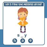 Missing letter worksheet. Complete the letters in English. Educational activity for children. vector