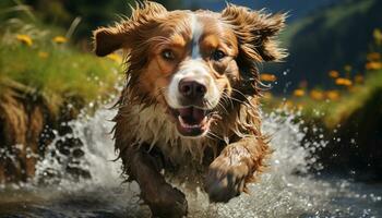 Cute puppy playing in the water, looking at camera happily generated by AI photo