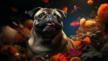 Cute pug puppy sitting in autumn, looking at camera playfully generated by AI photo