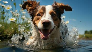 linda perrito jugando en el agua, disfrutando un divertido verano generado por ai foto