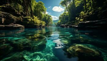 Tranquil scene of flowing water in a tropical rainforest paradise generated by AI photo
