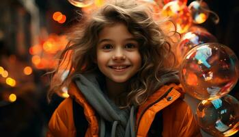 sonriente niño, linda chicas, alegre celebracion, invierno retrato, juguetón niños generado por ai foto