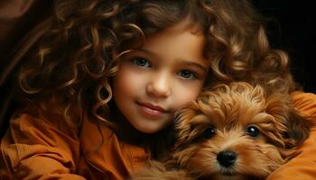 A cute small dog and child, smiling in a portrait generated by AI photo