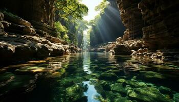 Tranquil scene of a tropical rainforest, flowing water, and green trees generated by AI photo