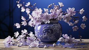 A rustic lilac bouquet adorns a wooden table in springtime generated by AI photo