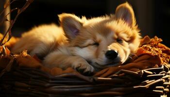 Cute puppy playing in grass, sleeping, fluffy, small and playful generated by AI photo