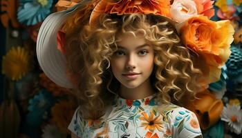 Caucasian beauty, cute girl, smiling, fashion, nature, happiness, curly hair, elegance, celebration, glamour generated by AI photo