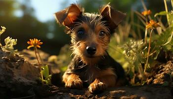 Cute puppy sitting in the grass, enjoying the summer sunlight generated by AI photo